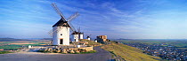 Panoramic view of traditional windmills in Consuegra, Castilla La Mancha, Spain