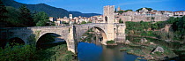 Panoramic view of Medieval fortified bridge and tower at Besalu, The Pont Fortificat, Catalunya, Spain