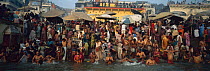 People bathing in religious rites in the Holy Ganges, Varansi / Benares, India