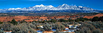 Panoramic view of La Sal Mountain Range near Moab, Utah, USA