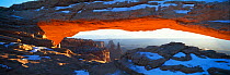 Panoramic  of Island in the Sky district / Mesa Arch in the snow, Canyonlands NP, Utah, USA