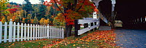 Village Church and covered bridge in aautumn / fall, Stark, New Hampshire, USA