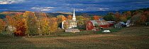 Village Church and Red Barn at Peacham in Autumn, Vermont, USA