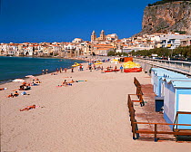 Beach and Cathedral, Cefalu, North coast of Sicily, Italy