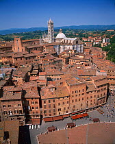 Looking down towards the Duomo and Bell Tower from the Town Hall, Siena, Tuscany, Italy