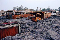 Destruction of vehicles by lava flow in Goma town, DR Congo. Nyiragongo volcano erruption 2000