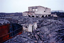 Destruction of building by lava flow in Goma town, DR Congo. Nyiragongo volcano erruption 2000