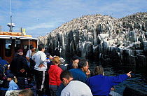 Tourists viewing seabird colonies from boat. Farne Is, Northumberland, UK