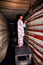 Malaysian woman working on Batik fabric, Batik factory Penang Malaysia
