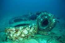 Old truck tyres tied together and sunk to form base for artificial reef, Philippines