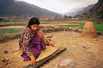 Sharman woman making traditional grass mat, near Pokhara, Nepal