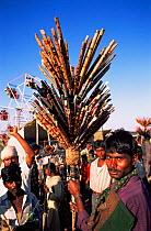Fair vendor selling wooden whistles musical instruments, Central India
