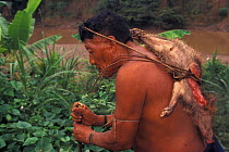 Yaminahua indian with hunted peccary, Boca Mishagua river, Amazonia, Peru. First contacted