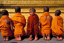 Buddhist monks kneeling at temple, one turning round, Ganlanba, Yunnan, China