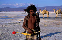Afar tribesman mining salt, Lac Assal, Djibouti, East Africa. 150m below sea level. sea water