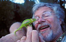 Bill Oddie holding Cape dwarf chameleon {Bradypodion pumilum} Cape Town, Africa, 2003