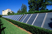 Solar panels in garden provide energy for hotel, Malaga, Spain