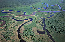 Aerial of Emaja jogi river showing oxbow lakes, Alam pedja Nature Reserve, Estonia