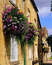 Hanging baskets outside cottages, Chipping Campden, Cotswolds, Gloucestershire, UK