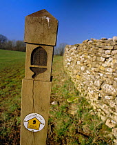 Cotswold Way footpath marker + stone wall. Lansdown battlefield, Somerset, UK. 2003