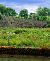 Medieval cottages +meadow, Arlington Row, Bibury, Cotswolds, Glos, UK 2003