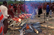 Roasting of ceremonial cow, Eunoto ceremony, Mara region, Kenya,