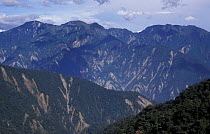 Mountain forests scored by landslides, view north from Tatachia, Taiwan