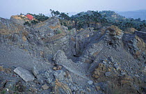 Crushed and uplifted earth crust at epicentre of earthquake, nr Puli, Taiwan