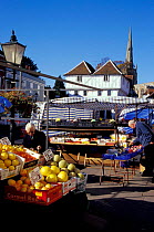 Market stalls selling fruit in the Market place, Thaxted, Essex, UK