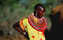 Samburu woman wearing traditional bead necklaces, Laikipia, Kenya