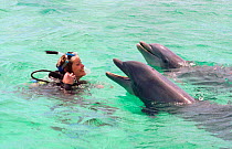 Charlotte Uhlenbroek swimming with Bottlenose dolphins, Bahamas.
