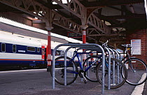 Bicycles in railway station. Wareham, Dorset, England