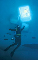 Cameraman Doug Allan under a dive hole Antartica