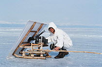 Cameraman Doug Allan using blind on sledge to approach seals, Lake Baikal, Siberia