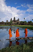 Three Buddhist monks walking at Angkor Wat temple, Angkor, World Heritage Site,