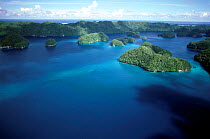 Aerial view of fringing coral reef and islands, Palau, Micronesia, Pacific Ocean.