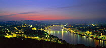 Elevated view of River Danube and city of Budapest at night, Hungary