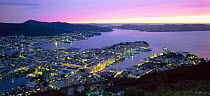 Looking down on Bergen city at night from Mt Floyen (320m) South West Fjords, Norway