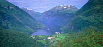 Looking down on Geiranger Fjord with incoming boat, Western Fjords, Norway