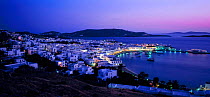 Looking down on Mykonos / Hora at dusk, The Cyclades, Greece