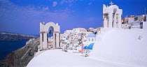 Traditional blue domes of Oia village, Santorini, The Cyclades, Greece