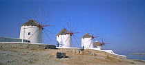 Famous row of windmills on Mykonos / Hora, The Cyclades, Greece