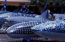 Bamboo whale sharks made by villagers for fluvial parade at festival, Donsol, Philippines