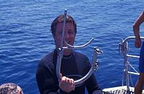 Researcher with claw to catch Tiger shark for tagging, Queensland Australia {Galeocerdo