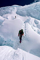 Climber crossing a crevasse, Khumbu Ice Fall, Mt Everest, Nepal.