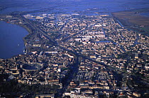 Aerial view of Arles during River Rhone flood, Camargue, France, December 2003