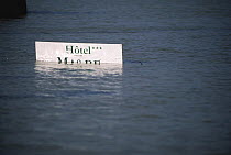Hotel sign in Arles during River Rhone flood, Camargue, France, December 2003