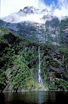 Waterfall at Mitre Peak Milford Sound Fiordland NP South Is New Zealand