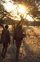 Two San bushmen walking through bush, Kalahari desert, Namibia 2005