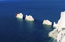 The Needles, chalk rock sea stacks in Alum Bay, Isle of Wight, UK